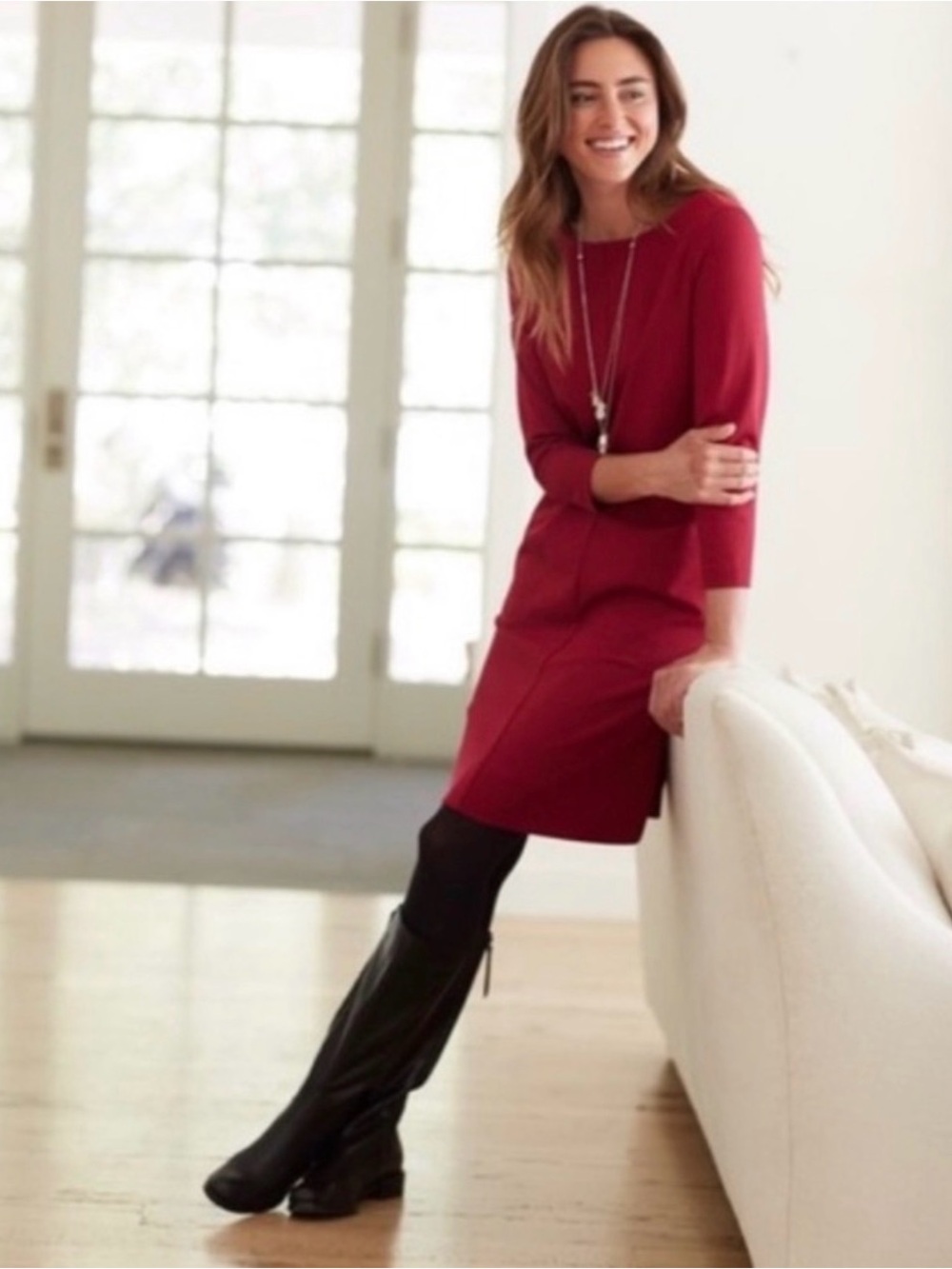 J. JILL Women Raspberry Red Ponte Knit Shift Dress Pockets 3/4-Sleeve LARGE 14